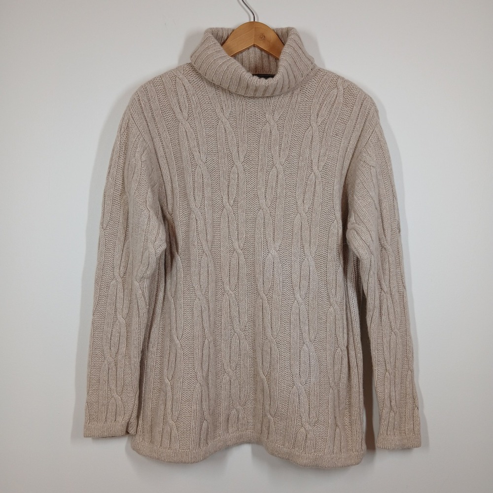 James Pringle Weavers Sweater Mens Large Tan Cable Knit Wool Cashmere Turtleneck